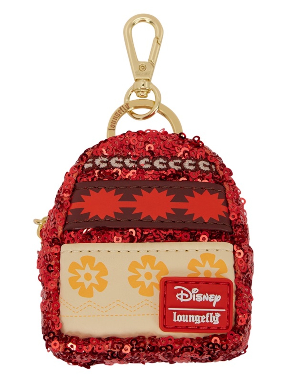 Loungefly Red Sequin Mini Backpack Keychain with Cream & Yellow Floral Panel - Picture 1 of 4